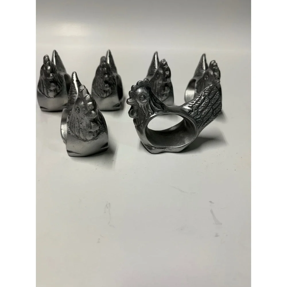 Vintage Silver Metal Chicken Napkin Rings Set of 6 Farmhouse Rooster Decor